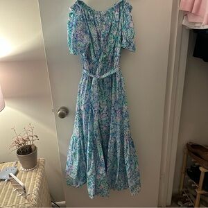 Lilly Pulitzer Tamie Off The Shoulder Midi Dress in Surf Blue Soleil It On Me